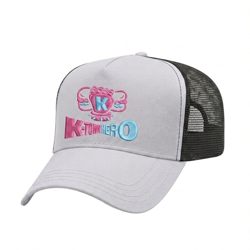 USA-made 5L White-Black Polycotton Twill baseball cap, decorated view, manufactured in Newark NJ