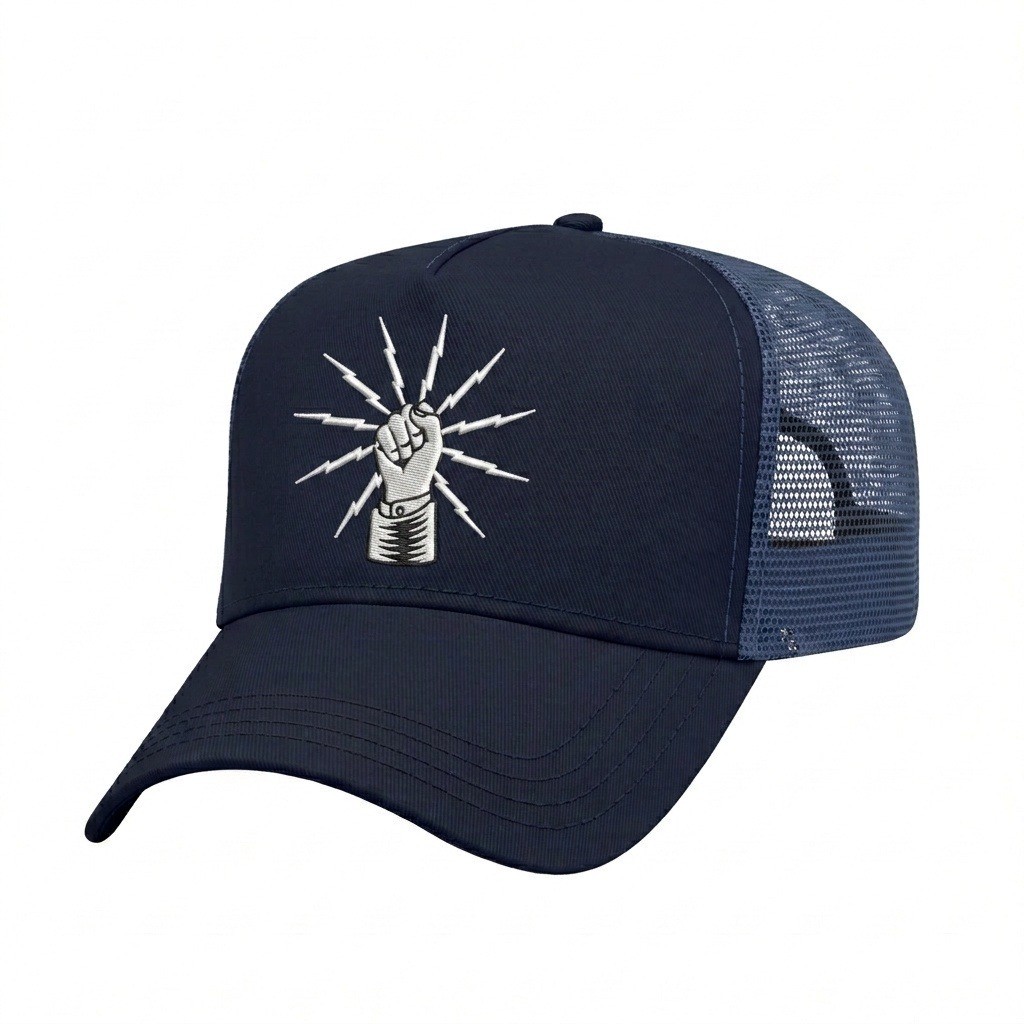 USA-made 5L Navy Polycotton Twill baseball cap, decorated view, manufactured in Newark NJ