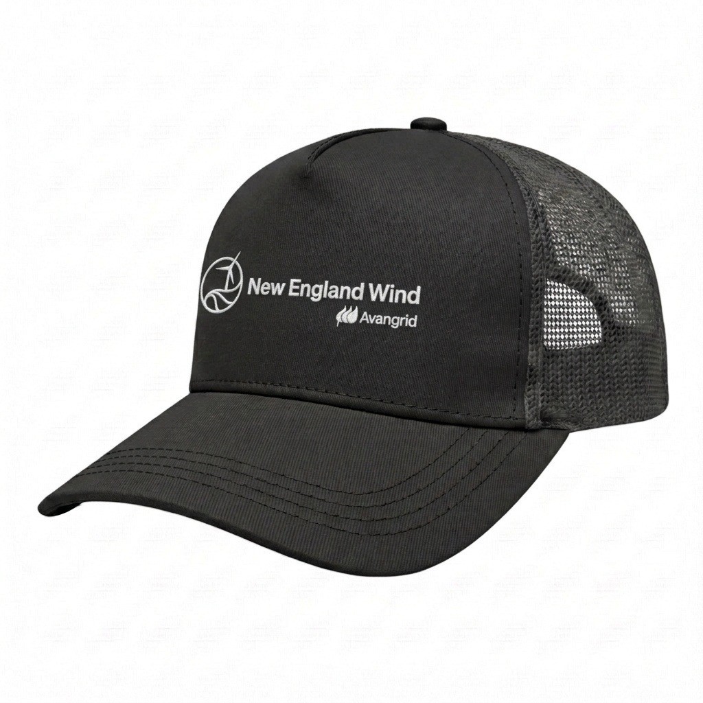 USA-made 5S Black Polycotton Twill baseball cap, decorated view, manufactured in Newark NJ