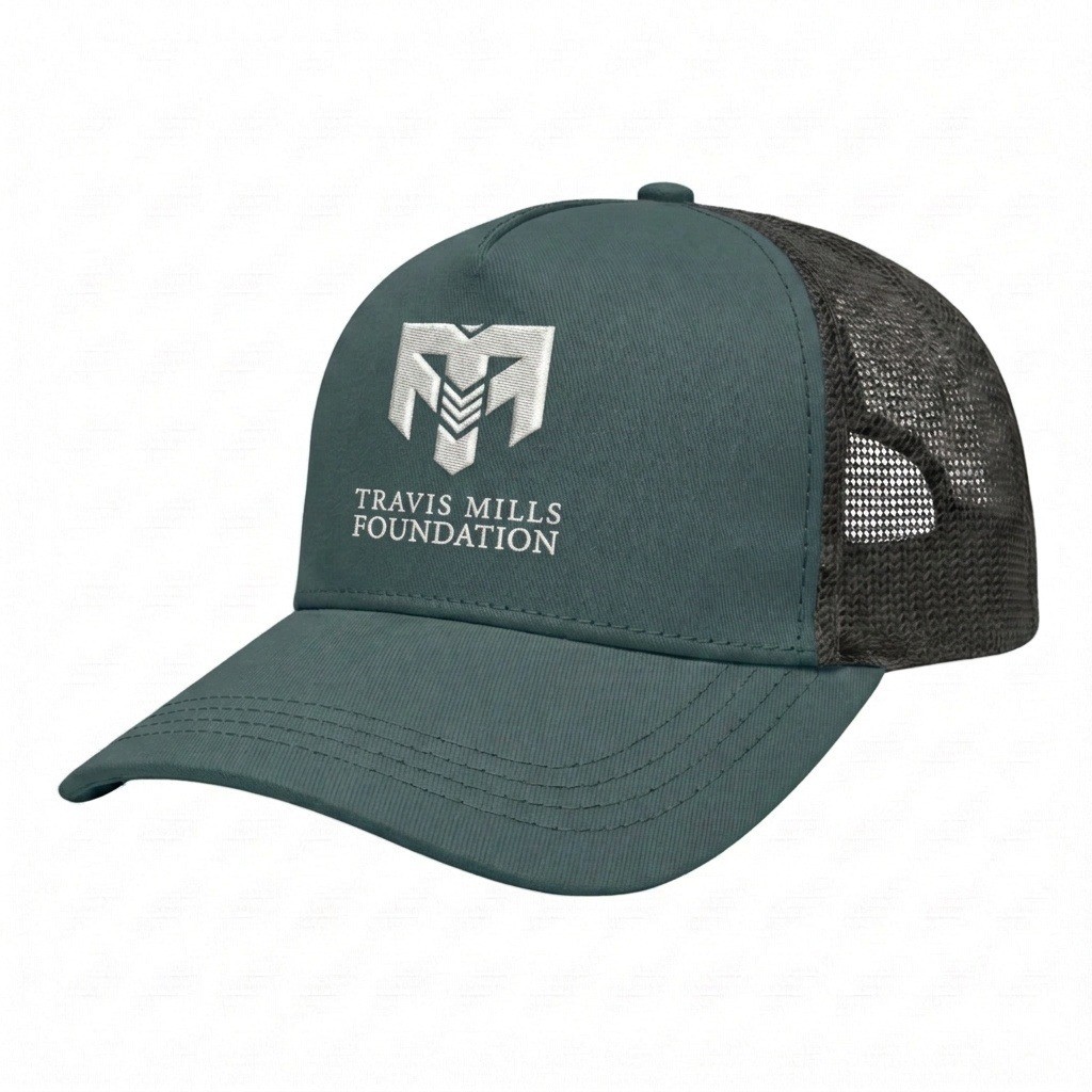 USA-made 5S Hunter Green-Black Polycotton Twill baseball cap, decorated view, manufactured in Newark NJ