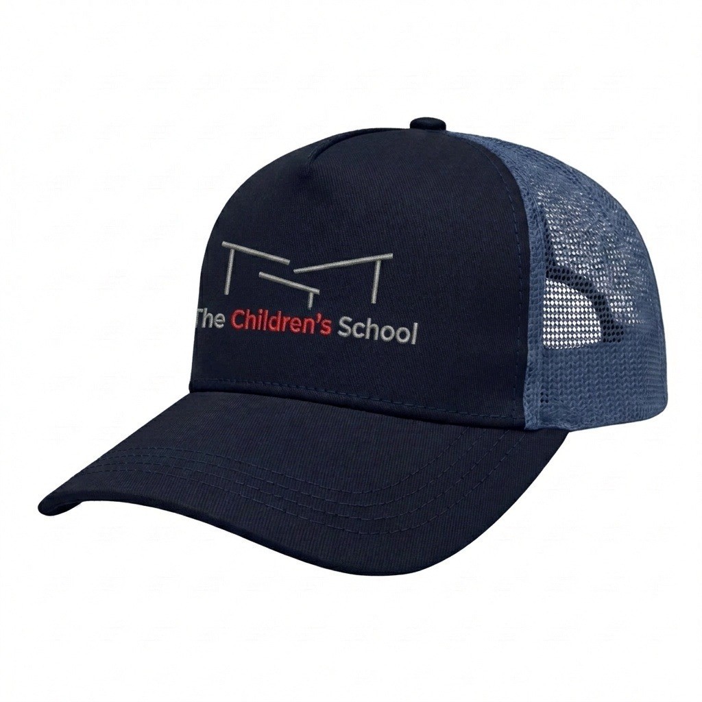 USA-made 5S Navy Polycotton Twill baseball cap, decorated view, manufactured in Newark NJ