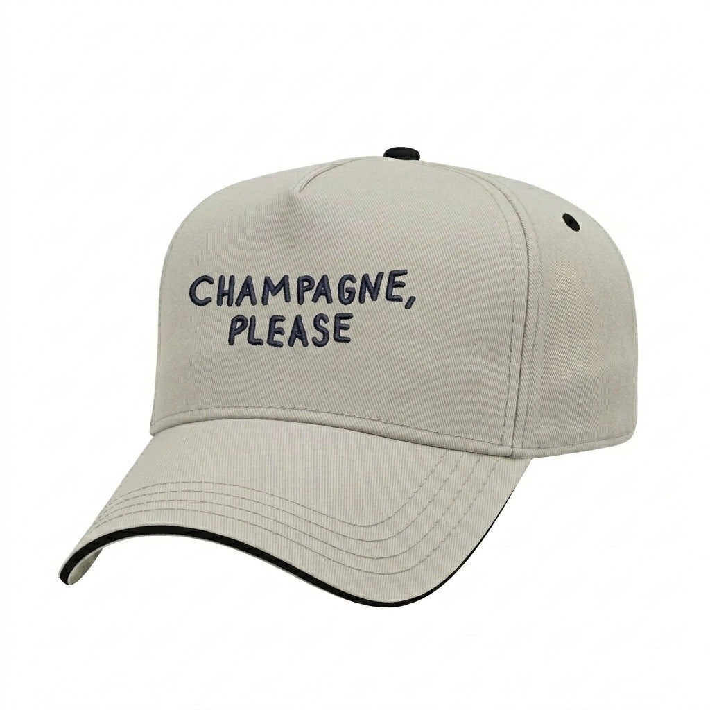 USA-made 5L Putty-Black Polycotton Twill baseball cap, decorated view, manufactured in Newark NJ