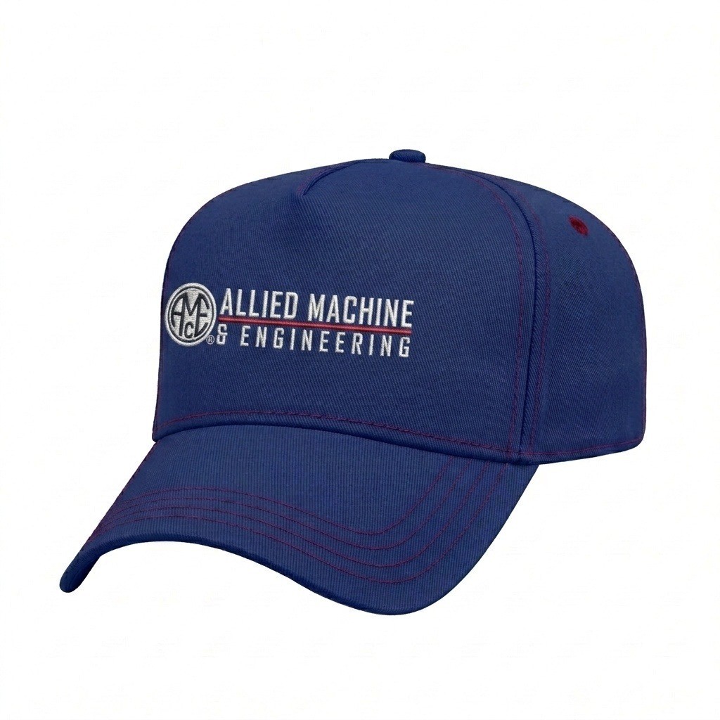 USA-made 5L Royal Blue-Red Polycotton Twill baseball cap, decorated view, manufactured in Newark NJ