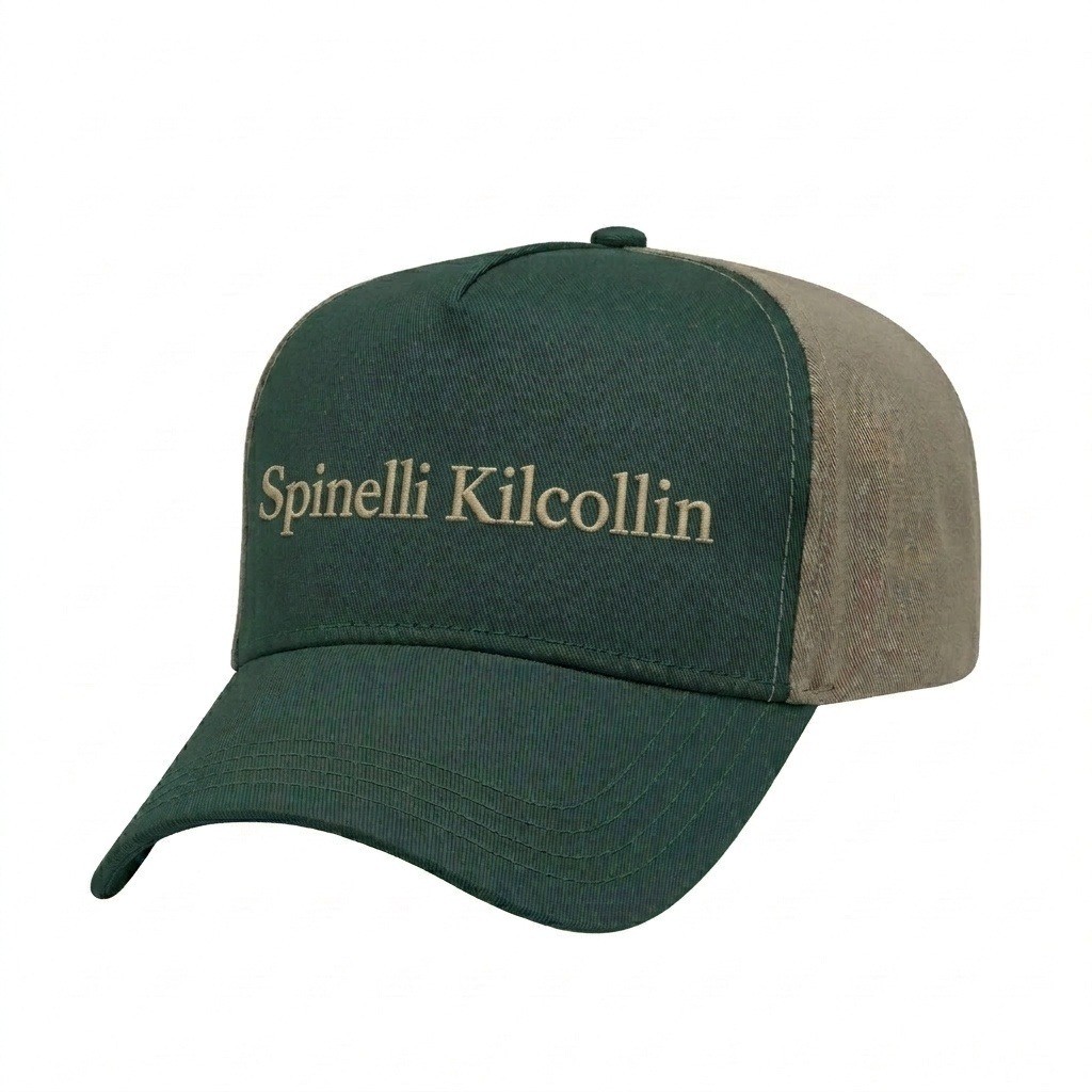 USA-made 5L Hunter Green-Khaki Polycotton Twill baseball cap, decorated view, manufactured in Newark NJ