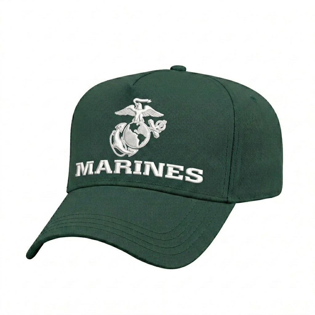 USA-made 5L Hunter Green Polycotton Twill baseball cap, decorated view, manufactured in Newark NJ