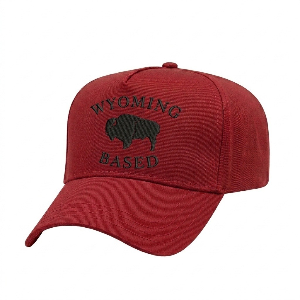USA-made 5L Red Polycotton Twill baseball cap, decorated view, manufactured in Newark NJ