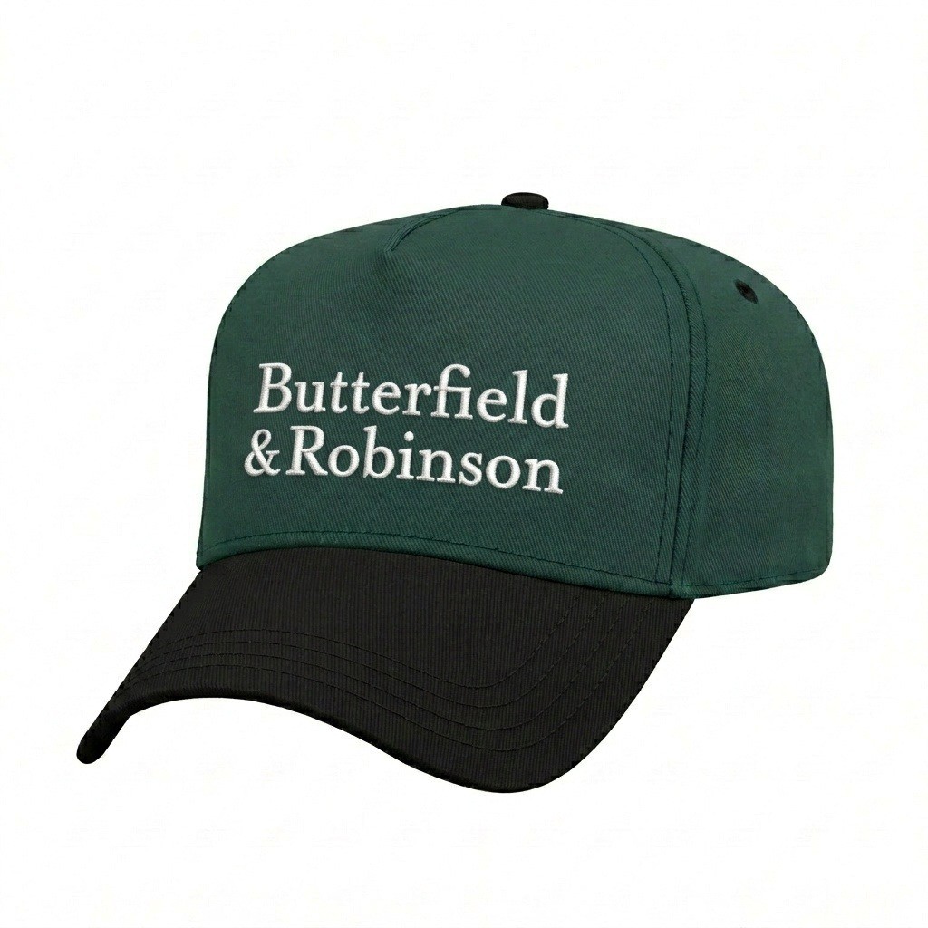 USA-made 5L Hunter Green-Black Polycotton Twill baseball cap, decorated view, manufactured in Newark NJ