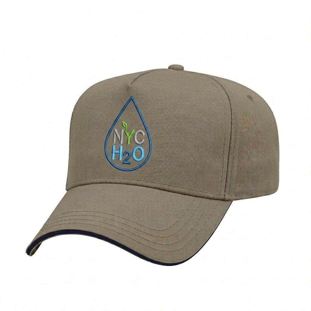 USA-made 5L Khaki-Navy Polycotton Twill baseball cap, decorated view, manufactured in Newark NJ