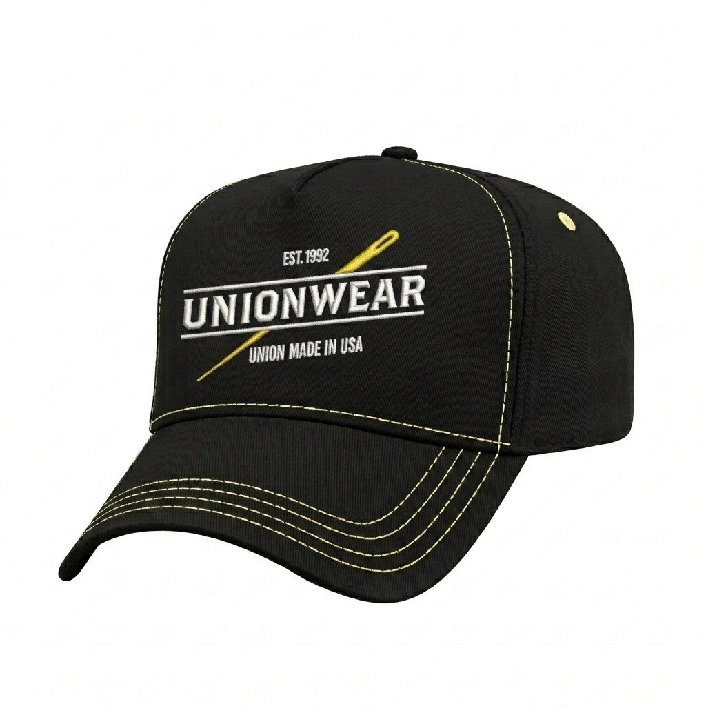 USA-made 5L Black-Safety Green Polycotton Twill baseball cap, decorated view, manufactured in Newark NJ