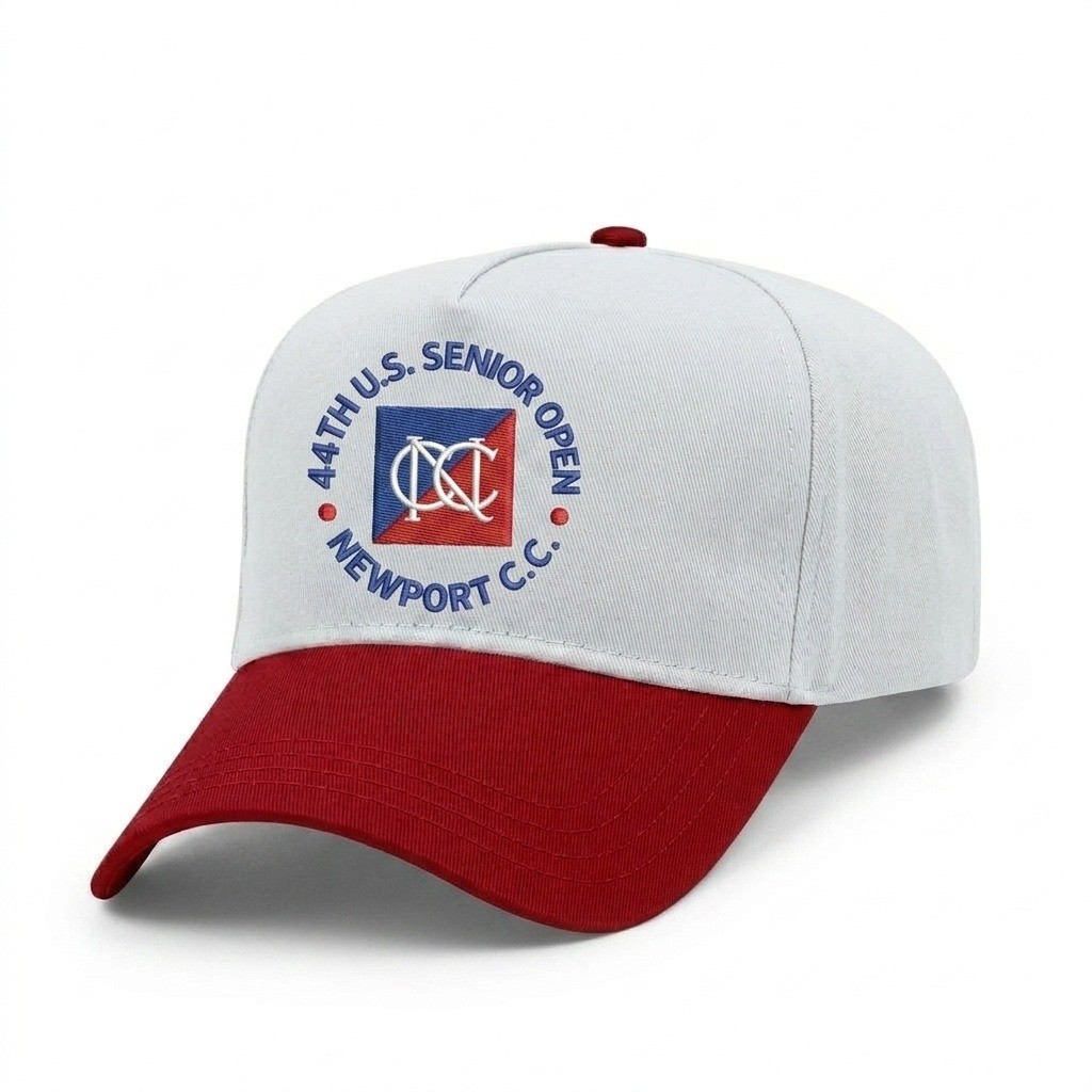 USA-made 5L White-Red Polycotton Twill baseball cap, decorated view, manufactured in Newark NJ