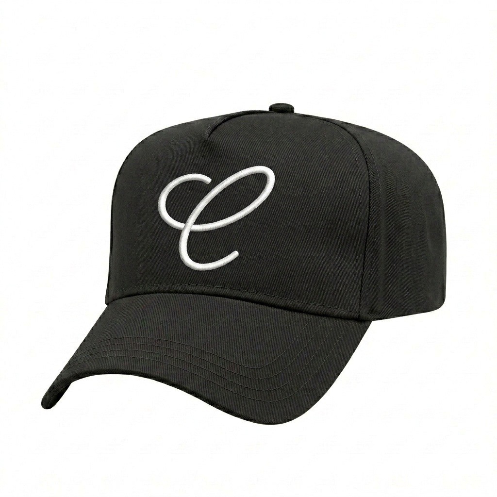 USA-made 5L Black Polycotton Twill baseball cap, decorated view, manufactured in Newark NJ