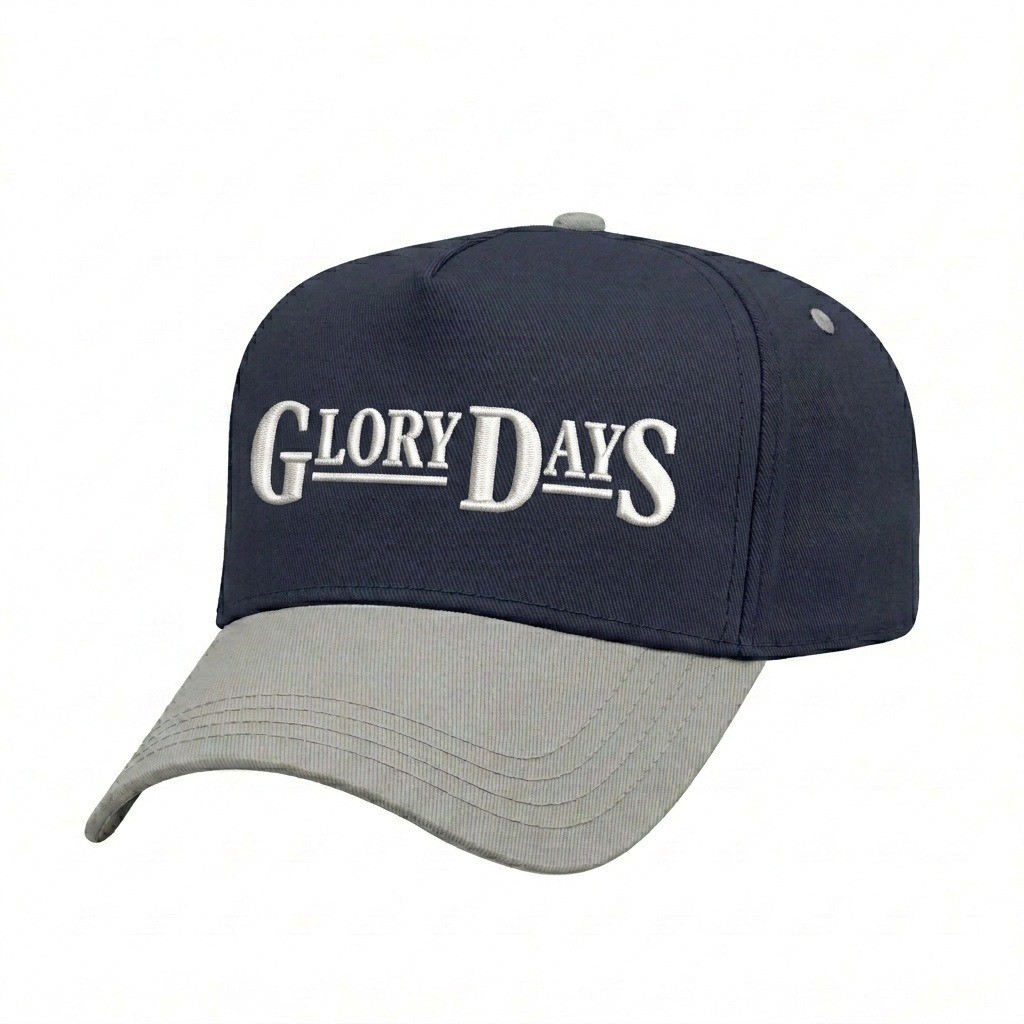 USA-made 5L Navy-Light Gray Polycotton Twill baseball cap, decorated view, manufactured in Newark NJ