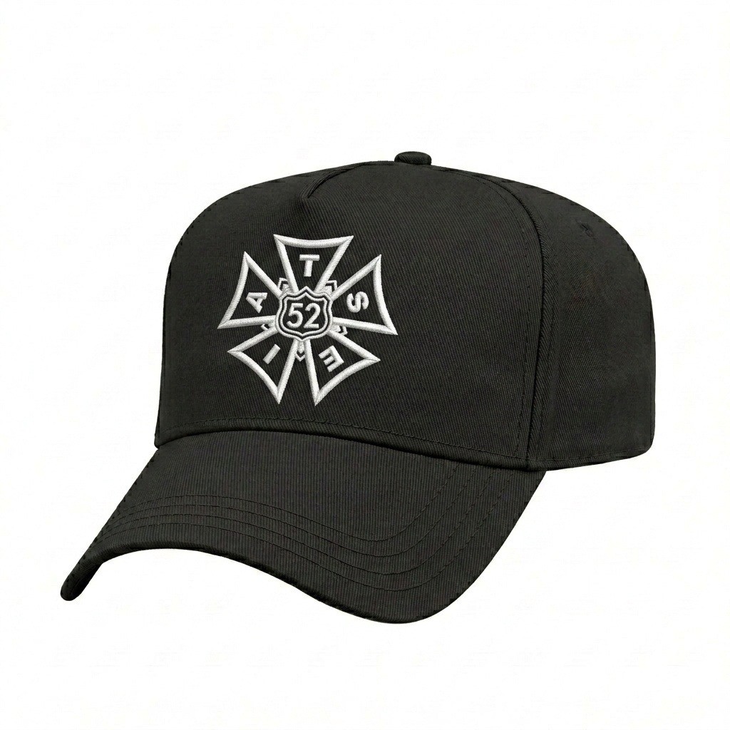 USA-made 5L Black Polycotton Twill baseball cap, decorated view, manufactured in Newark NJ