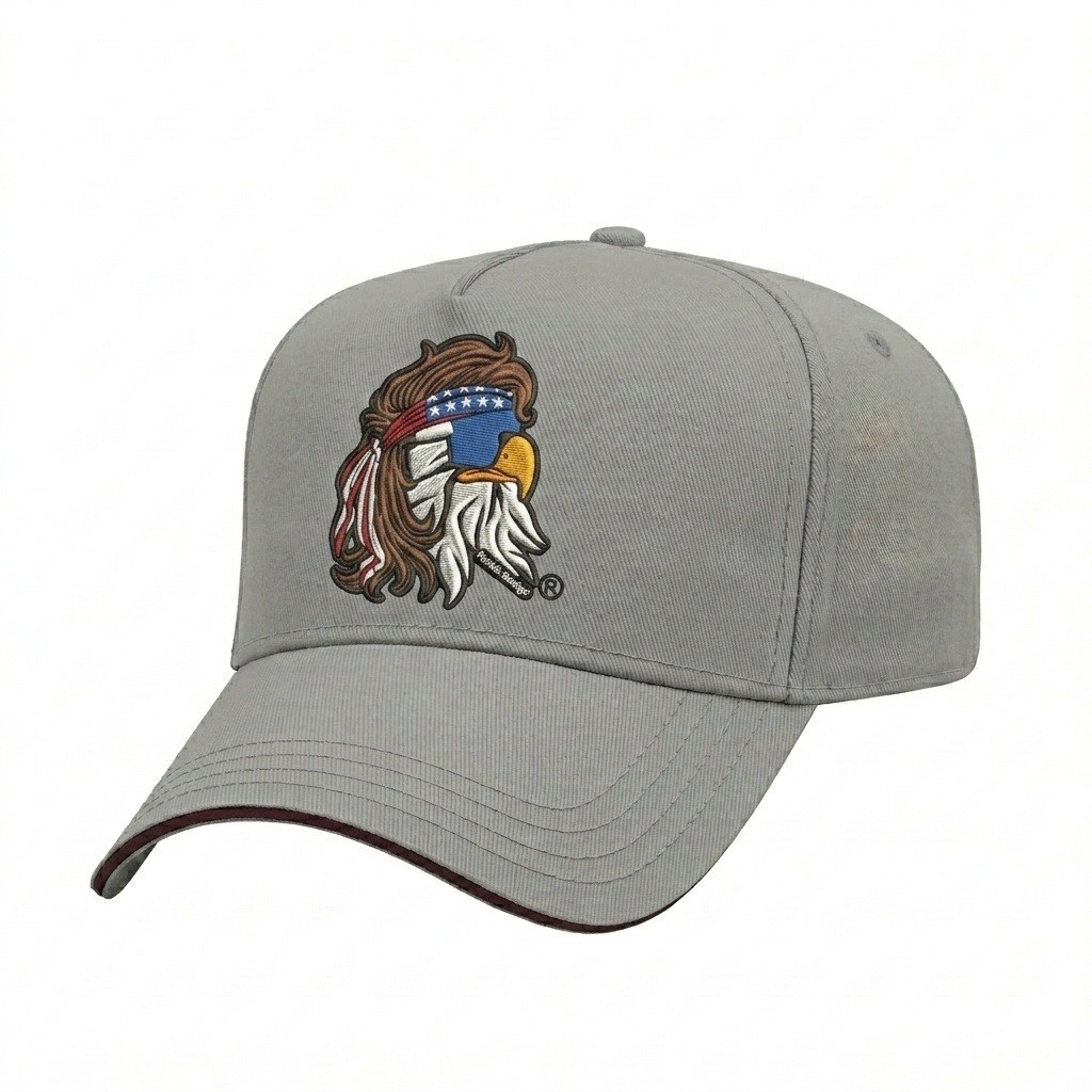 USA-made 5L Light Gray-Burgundy Polycotton Twill baseball cap, decorated view, manufactured in Newark NJ