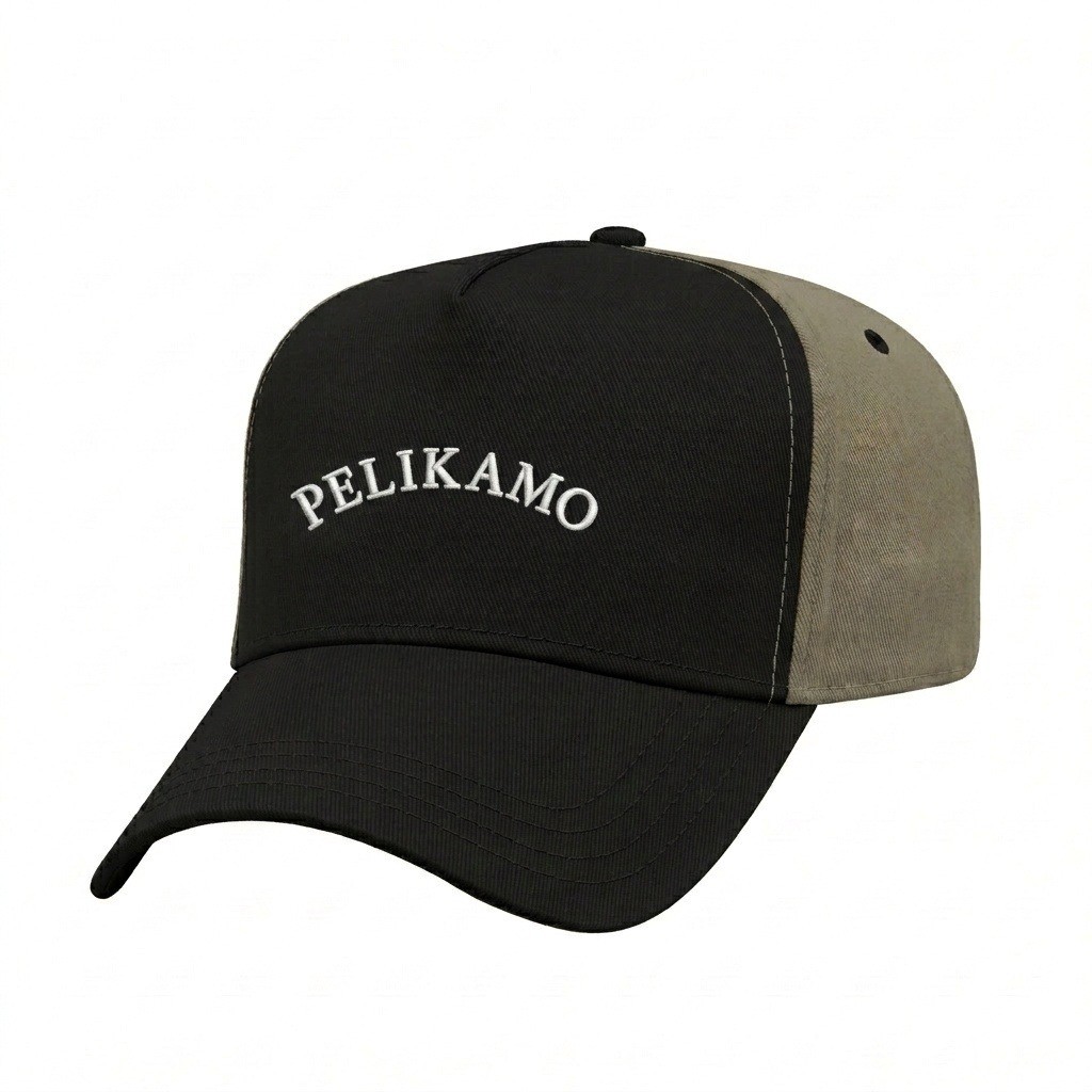 USA-made 5L Black-Khaki Polycotton Twill baseball cap, decorated view, manufactured in Newark NJ