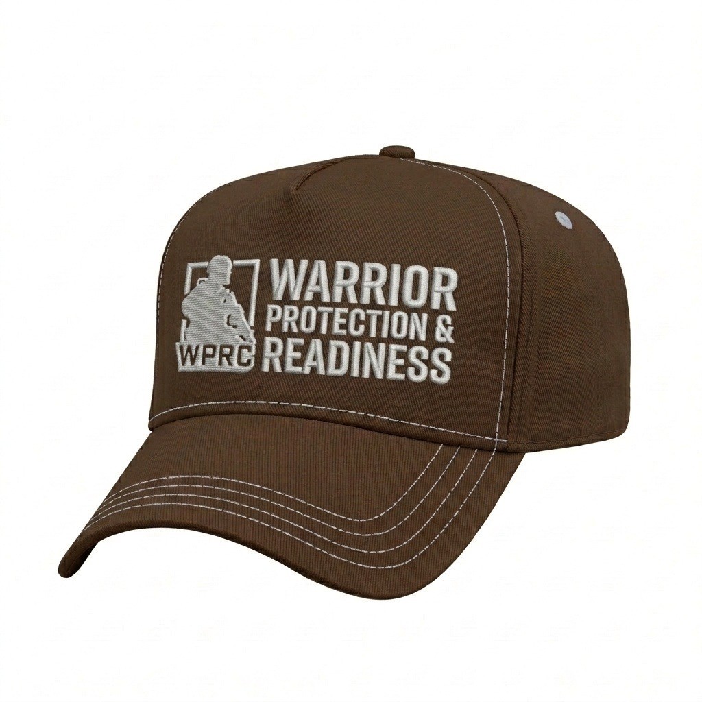 USA-made 5L Brown-White Polycotton Twill baseball cap, decorated view, manufactured in Newark NJ