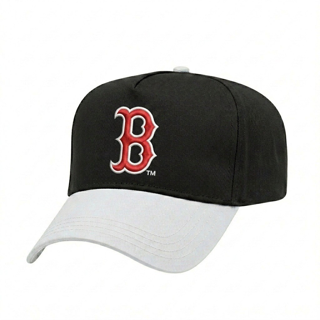USA-made 5L Black-White Polycotton Twill baseball cap, decorated view, manufactured in Newark NJ