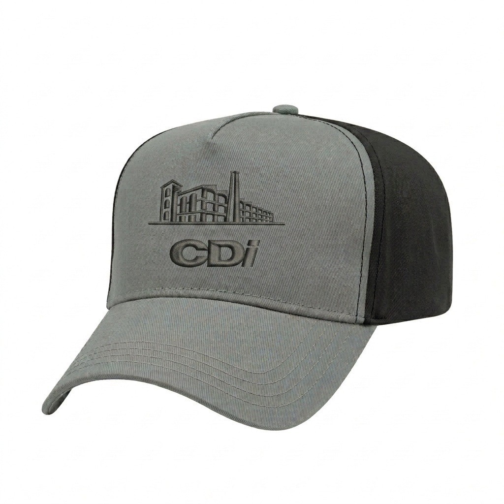USA-made 5L Light Gray-Black Polycotton Twill baseball cap, decorated view, manufactured in Newark NJ