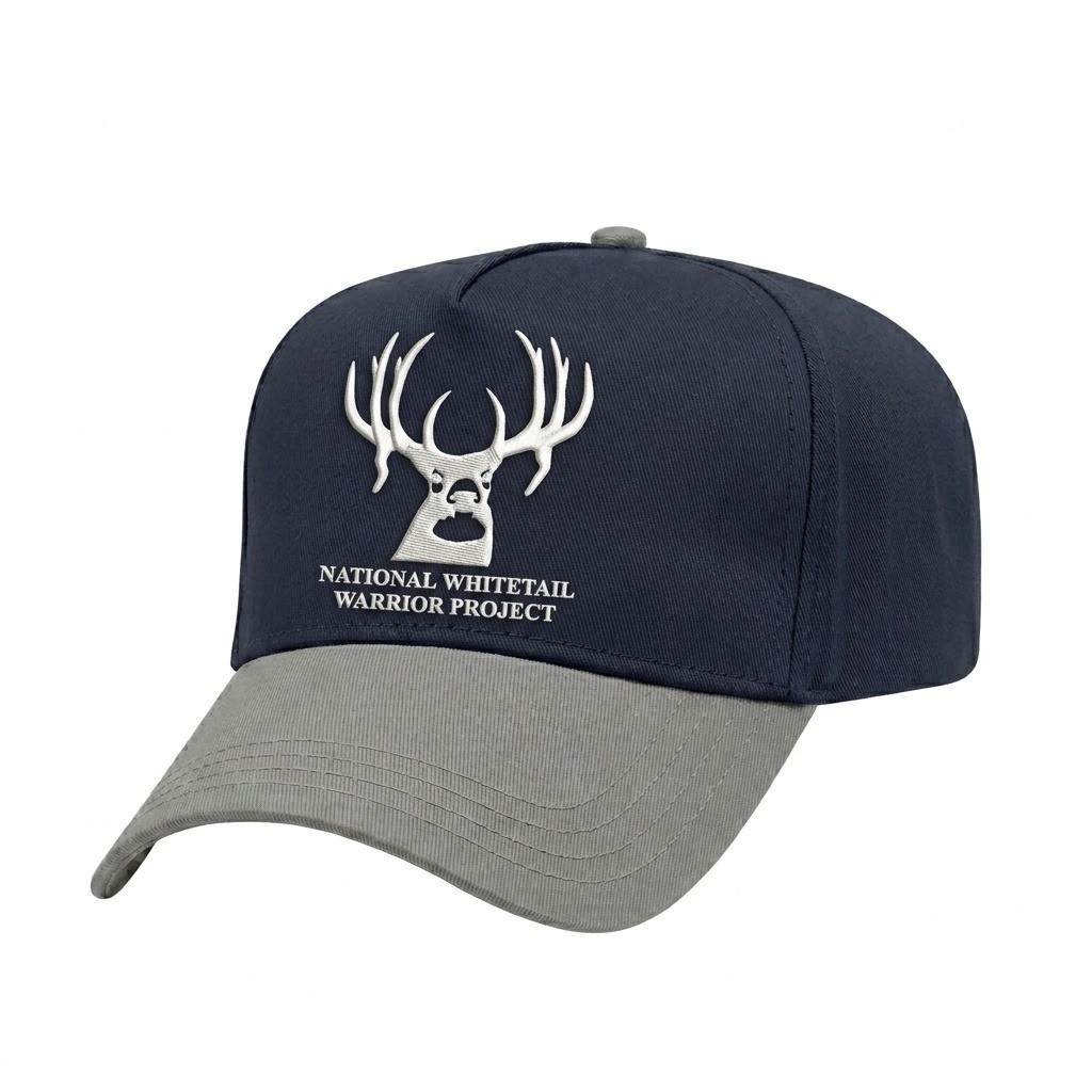 USA-made 5L Navy-Light Gray Polycotton Twill baseball cap, decorated view, manufactured in Newark NJ