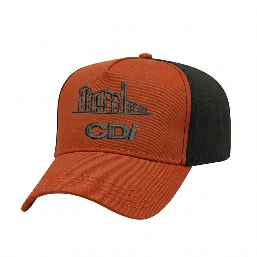 USA-made 5L Orange-Black Polycotton Twill baseball cap, decorated view, manufactured in Newark NJ