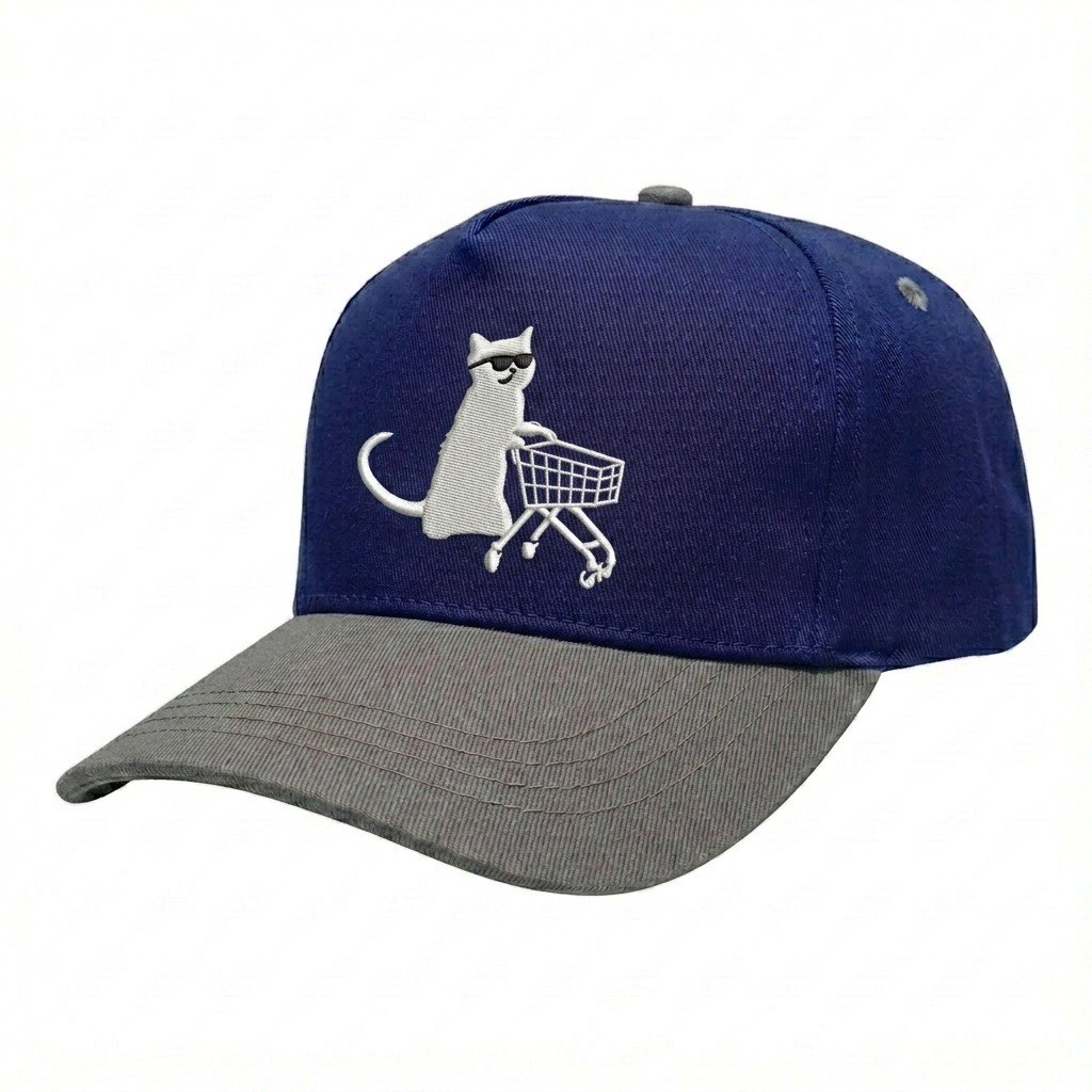 USA-made 5S Royal Blue-Light Gray Polycotton Twill baseball cap, decorated view, manufactured in Newark NJ