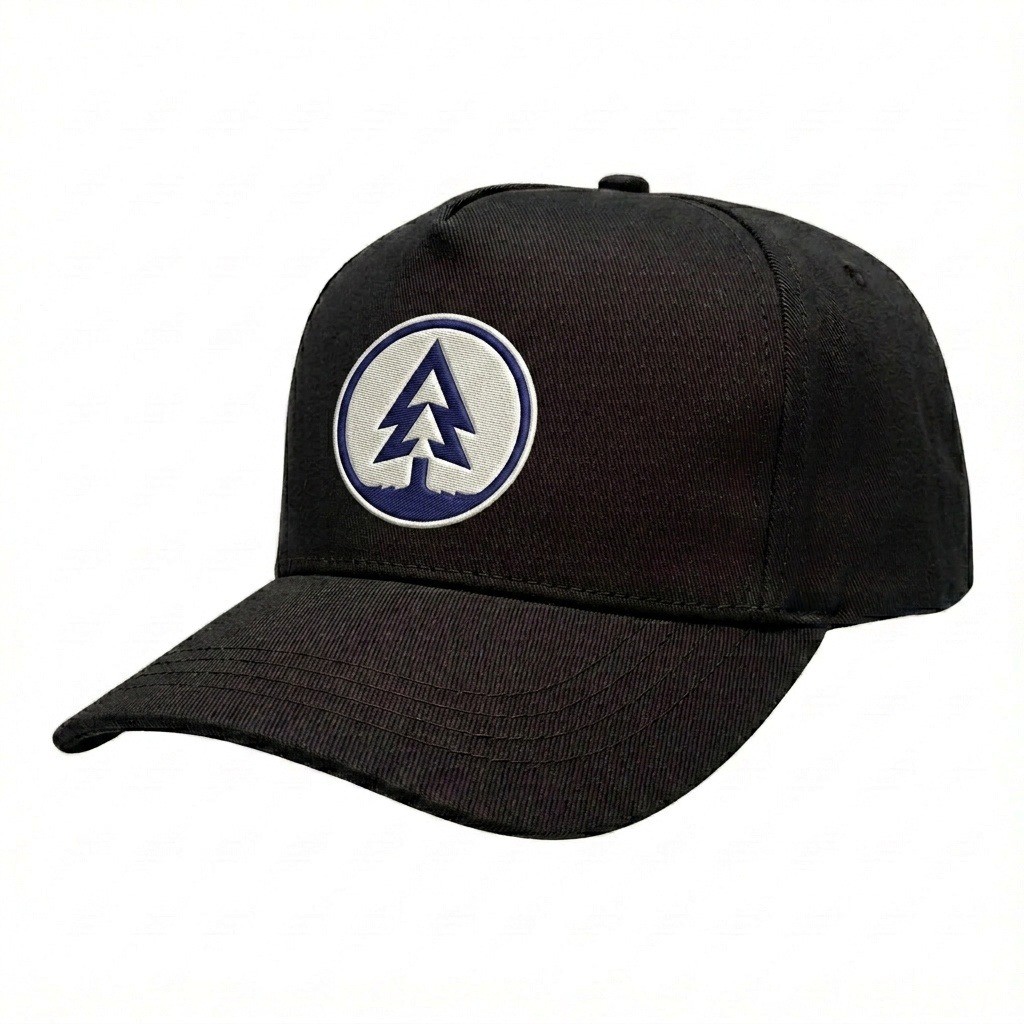 USA-made 5S Black Polycotton Twill baseball cap, decorated view, manufactured in Newark NJ