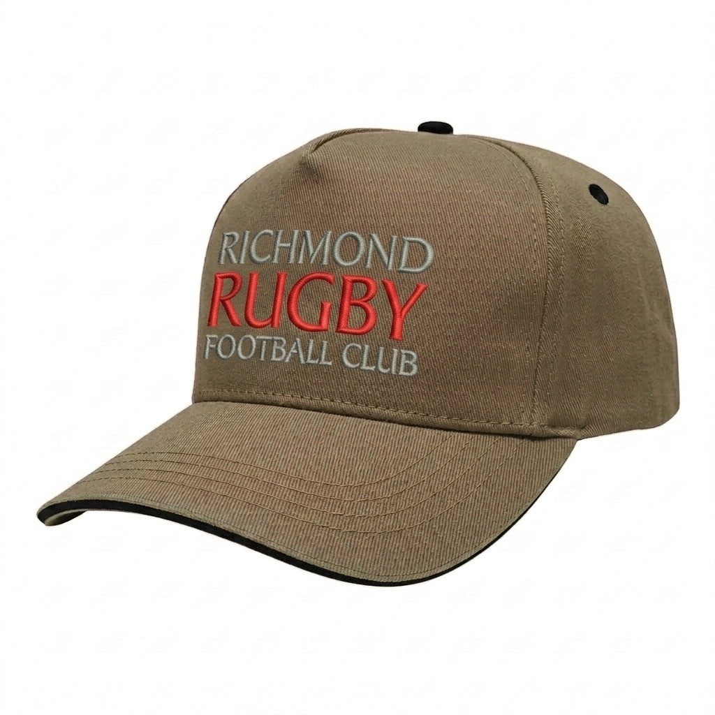 USA-made 5S Khaki-Black Polycotton Twill baseball cap, decorated view, manufactured in Newark NJ