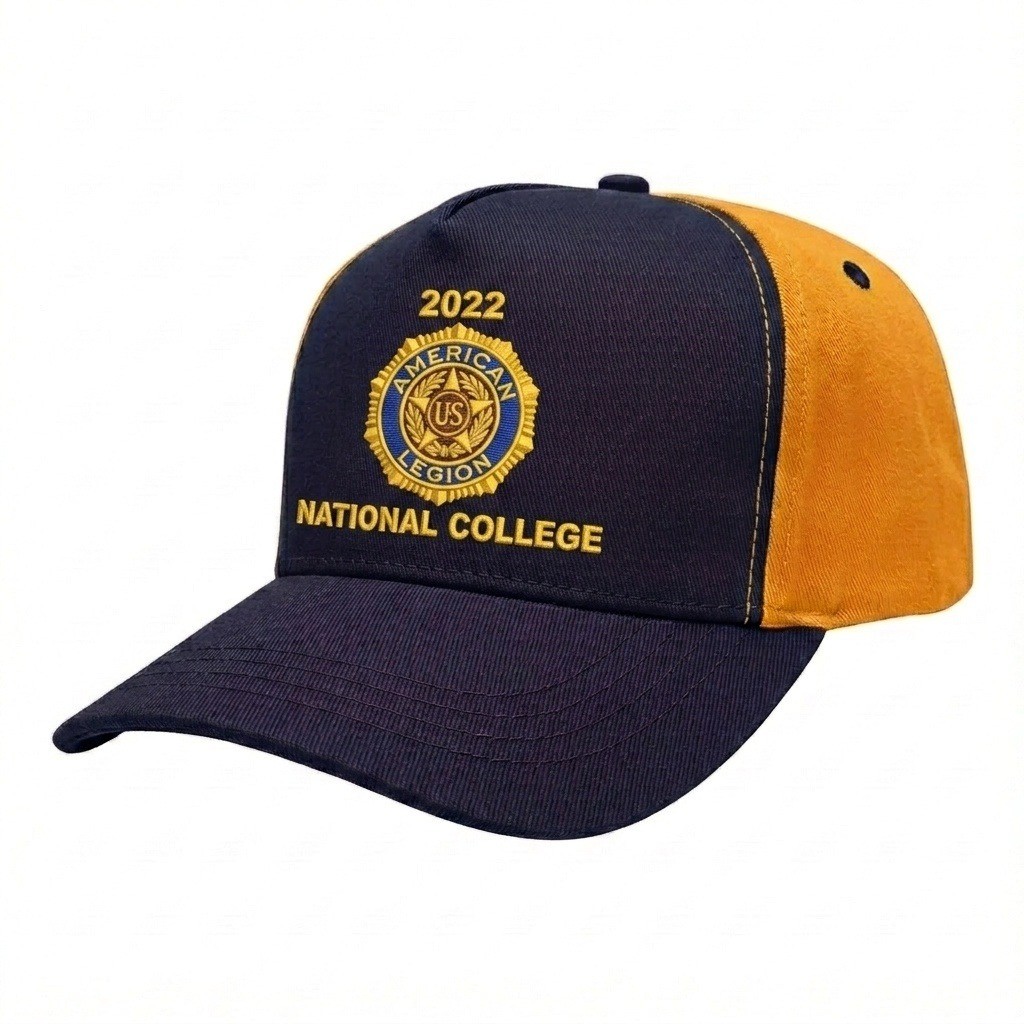USA-made 5S Navy-Athletic Gold Polycotton Twill baseball cap, decorated view, manufactured in Newark NJ