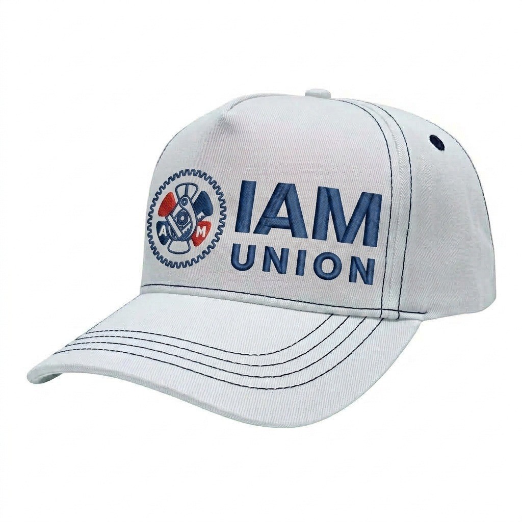 USA-made 5S White-Navy Polycotton Twill baseball cap, decorated view, manufactured in Newark NJ