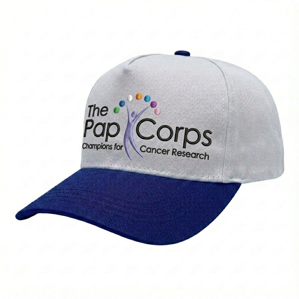 USA-made 5S White-Royal Blue Polycotton Twill baseball cap, decorated view, manufactured in Newark NJ