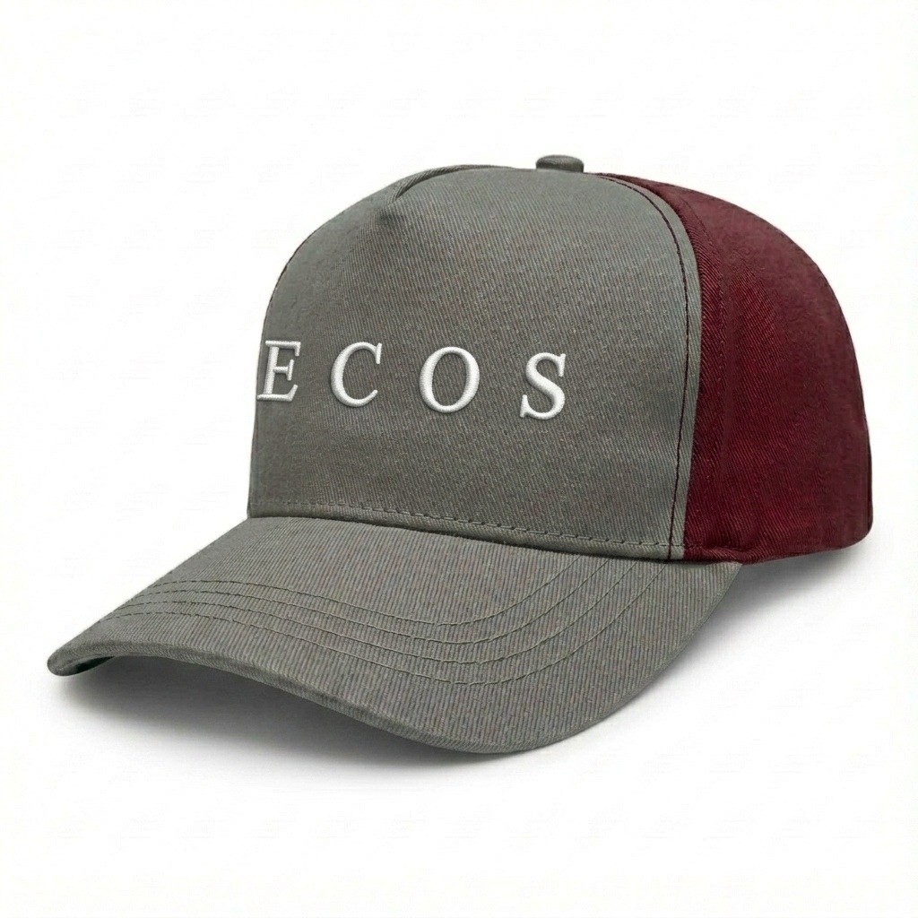 USA-made 5S Light Gray-Burgundy Polycotton Twill baseball cap, decorated view, manufactured in Newark NJ
