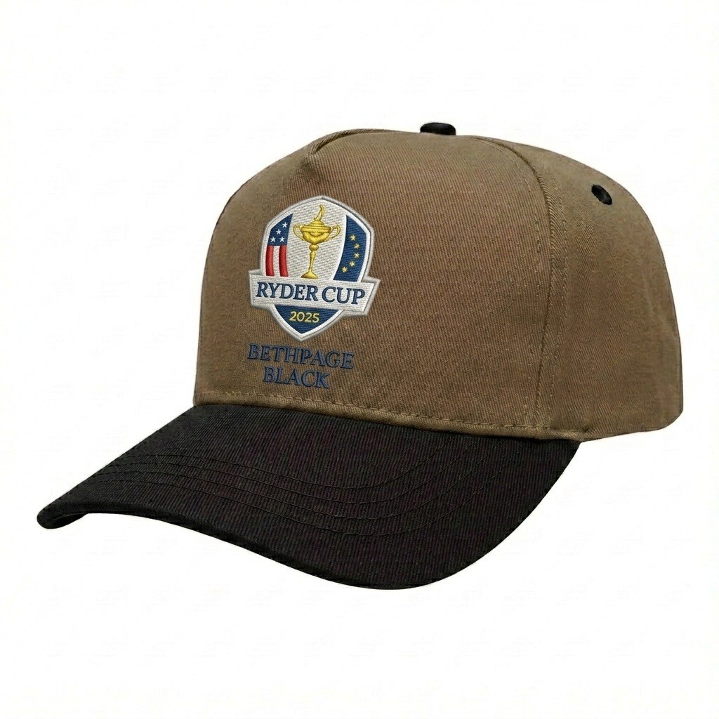 USA-made 5S Khaki-Black Polycotton Twill baseball cap, decorated view, manufactured in Newark NJ