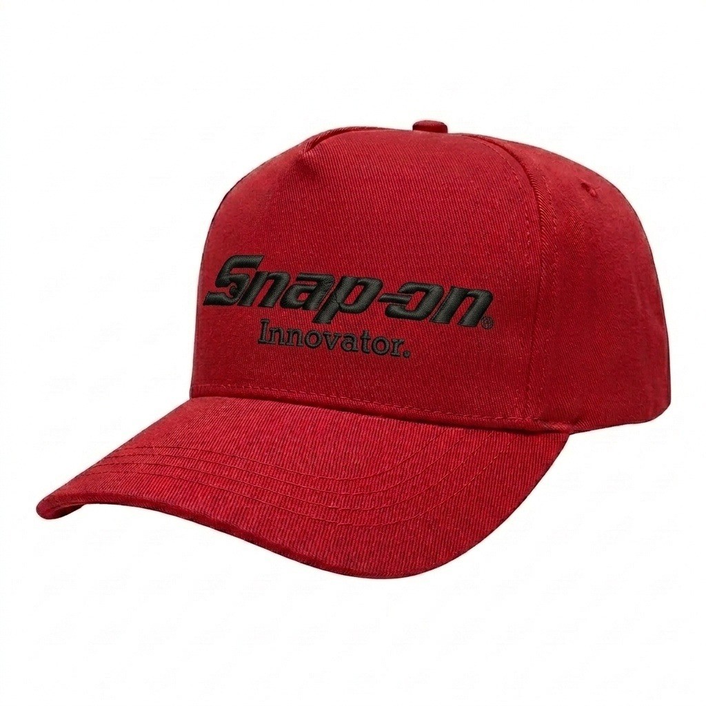 USA-made 5S Red Polycotton Twill baseball cap, decorated view, manufactured in Newark NJ