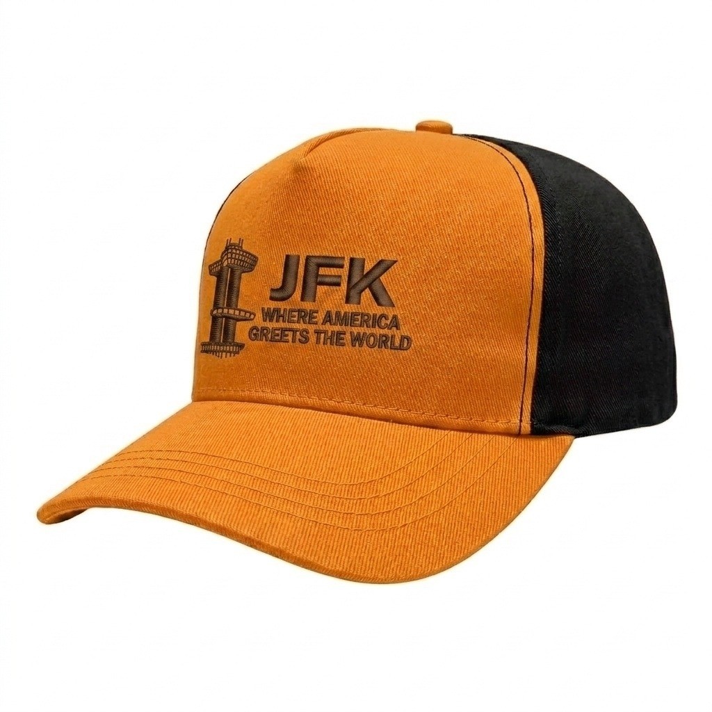 USA-made 5S Athletic Gold-Black Polycotton Twill baseball cap, decorated view, manufactured in Newark NJ