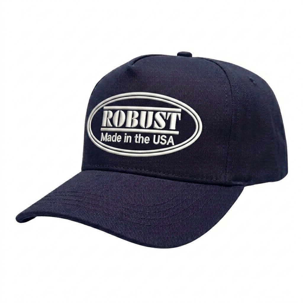 USA-made 5S Navy Polycotton Twill baseball cap, decorated view, manufactured in Newark NJ