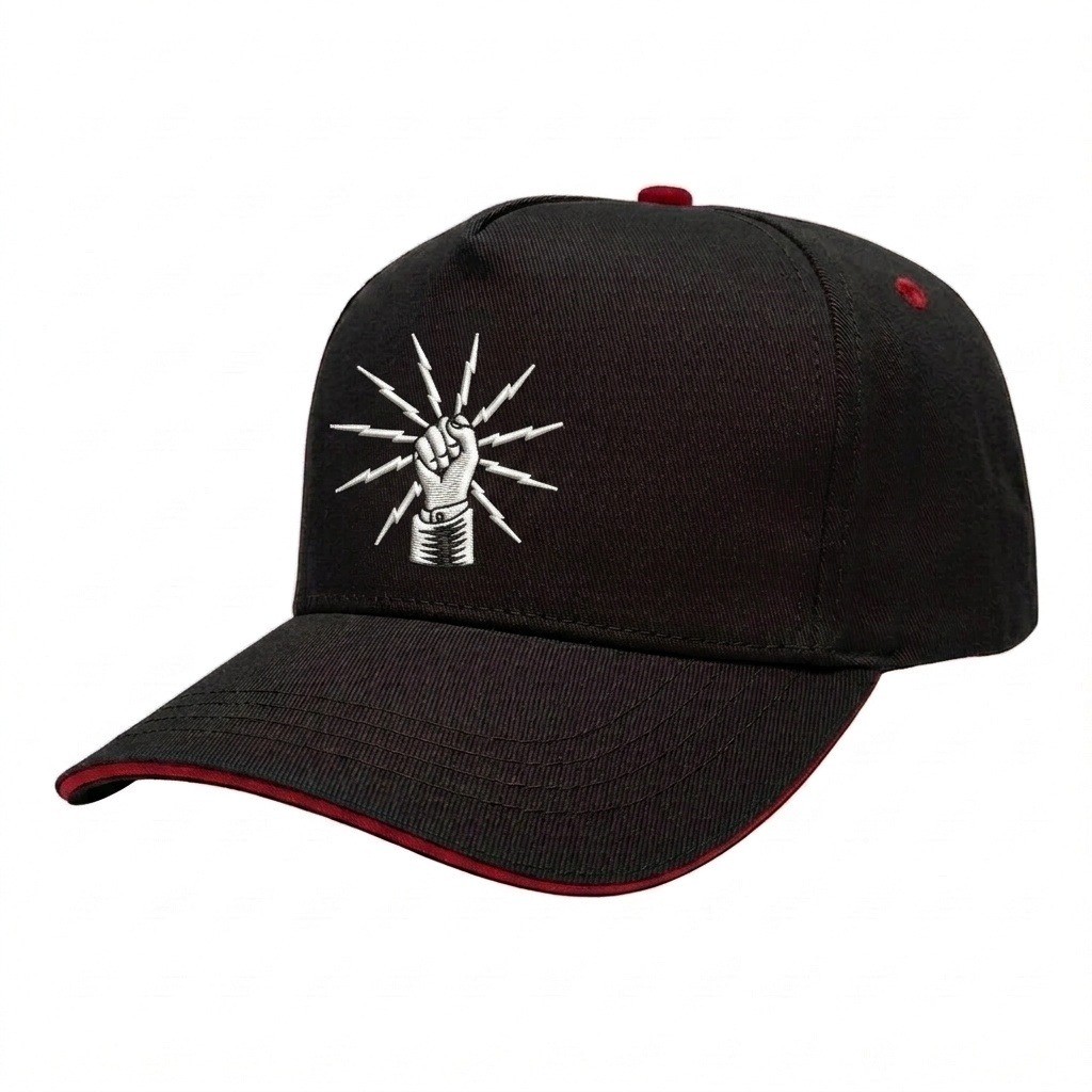 USA-made 5S Black-Red Polycotton Twill baseball cap, decorated view, manufactured in Newark NJ
