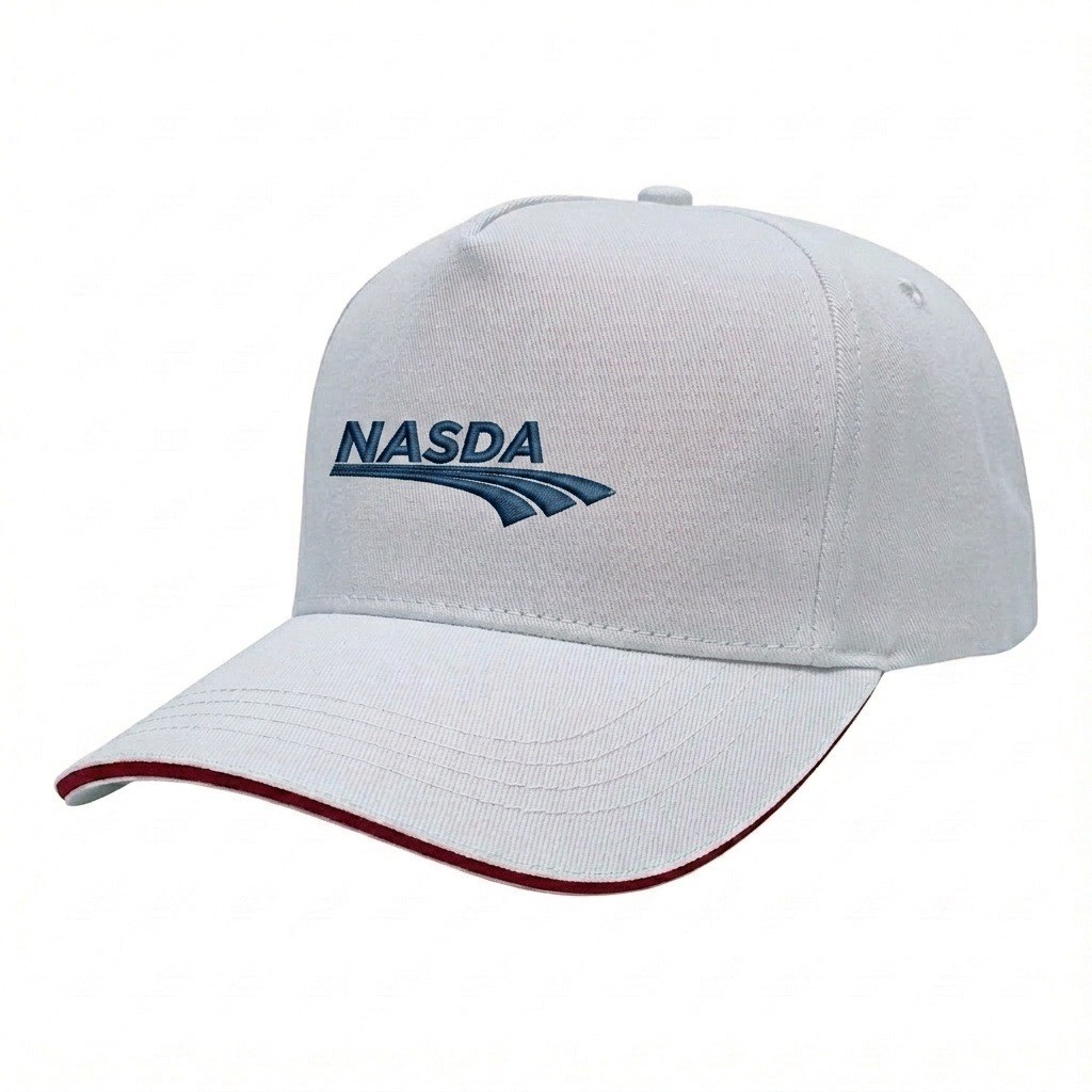 USA-made 5S White-Red Polycotton Twill baseball cap, decorated view, manufactured in Newark NJ