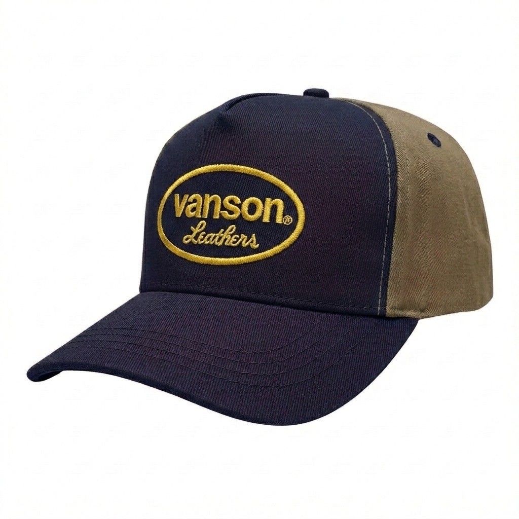 USA-made 5S Navy-Khaki Polycotton Twill baseball cap, decorated view, manufactured in Newark NJ