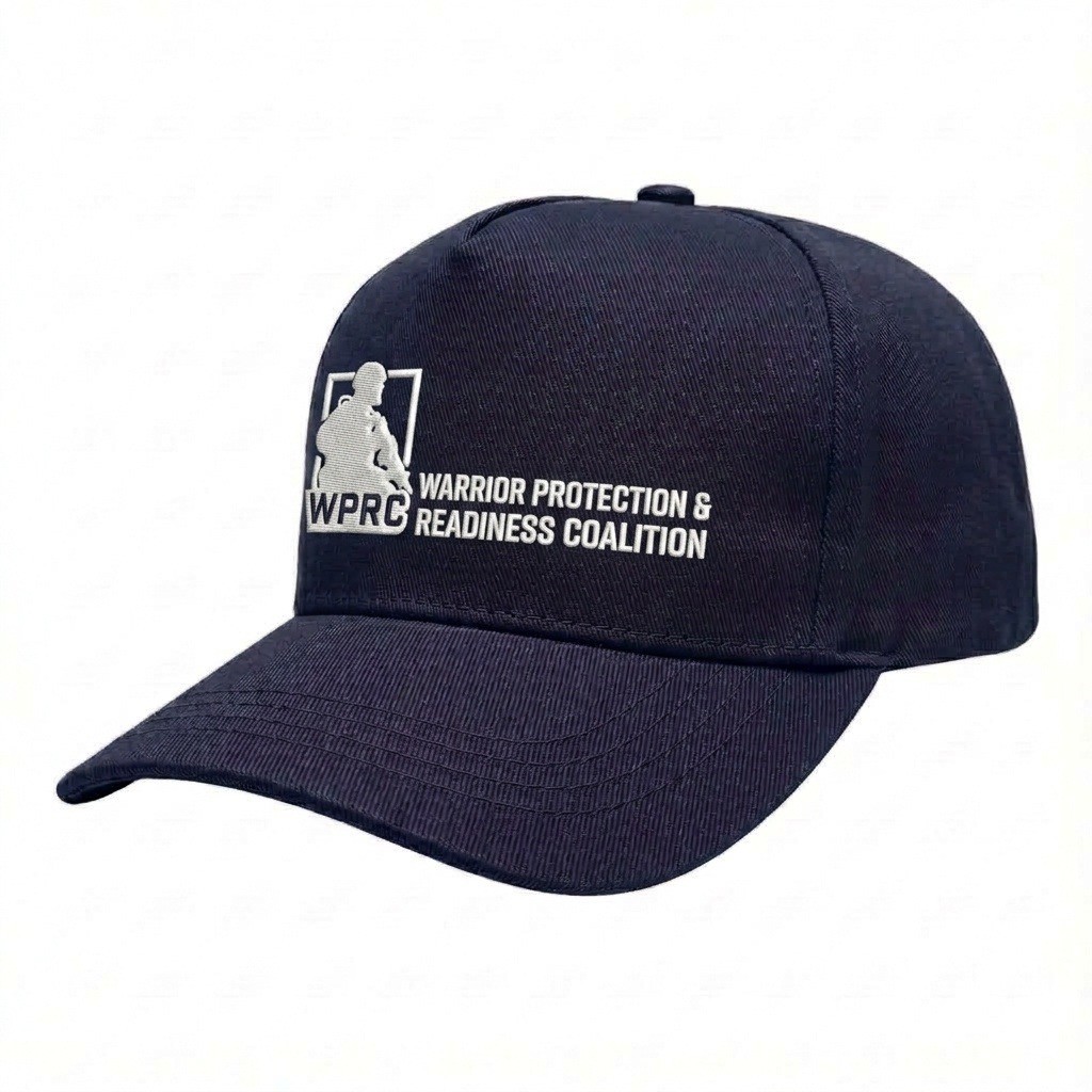 USA-made 5S Navy Polycotton Twill baseball cap, decorated view, manufactured in Newark NJ