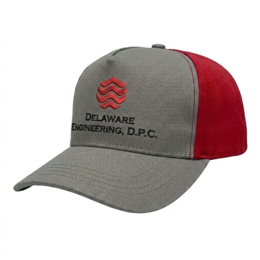 USA-made 5S Light Gray-Red Polycotton Twill baseball cap, decorated view, manufactured in Newark NJ