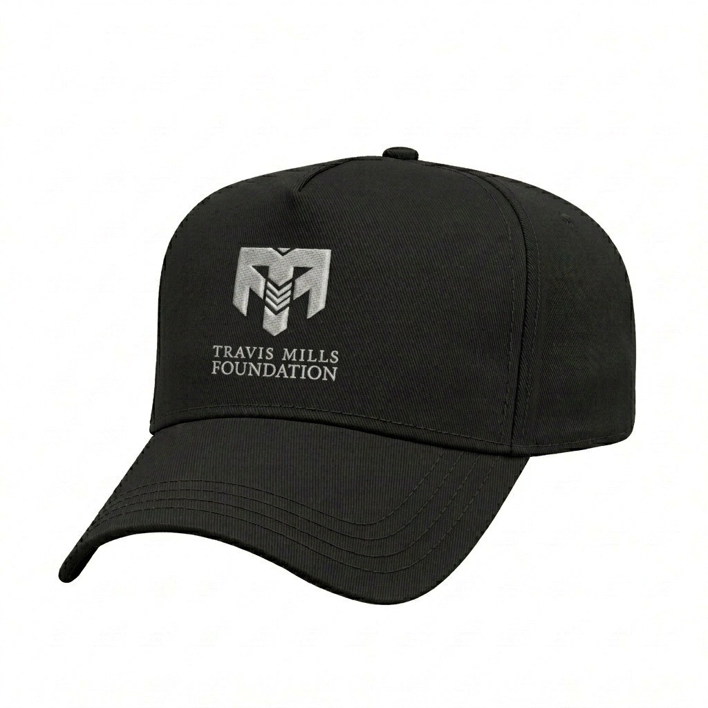 USA-made 5L Black Domestic Twill baseball cap, decorated view, manufactured in Newark NJ