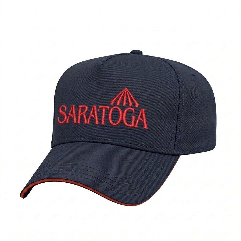 USA-made 5L Navy-Orange Domestic Twill baseball cap, decorated view, manufactured in Newark NJ