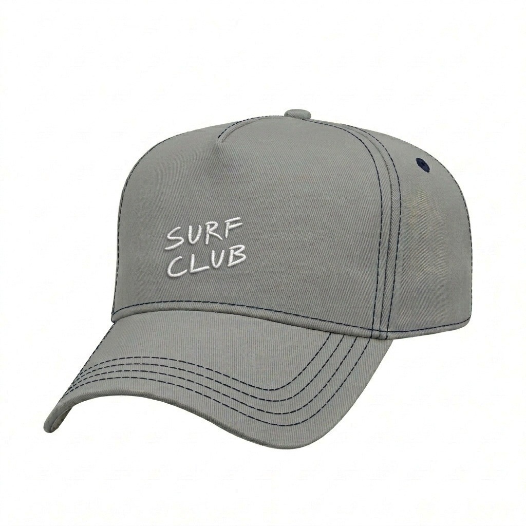USA-made 5L Light Gray-Navy Domestic Twill baseball cap, decorated view, manufactured in Newark NJ