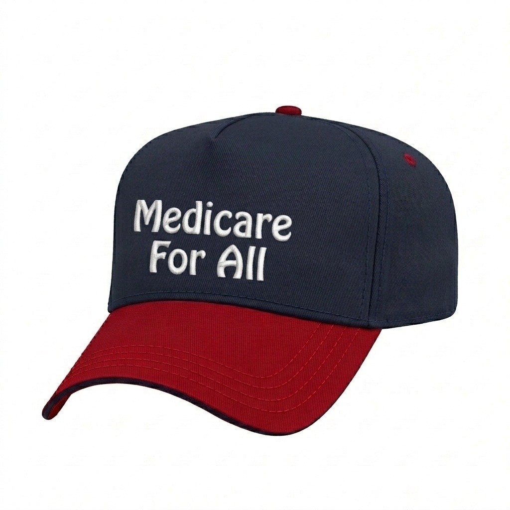 USA-made 5L Navy-Red Domestic Twill baseball cap, decorated view, manufactured in Newark NJ