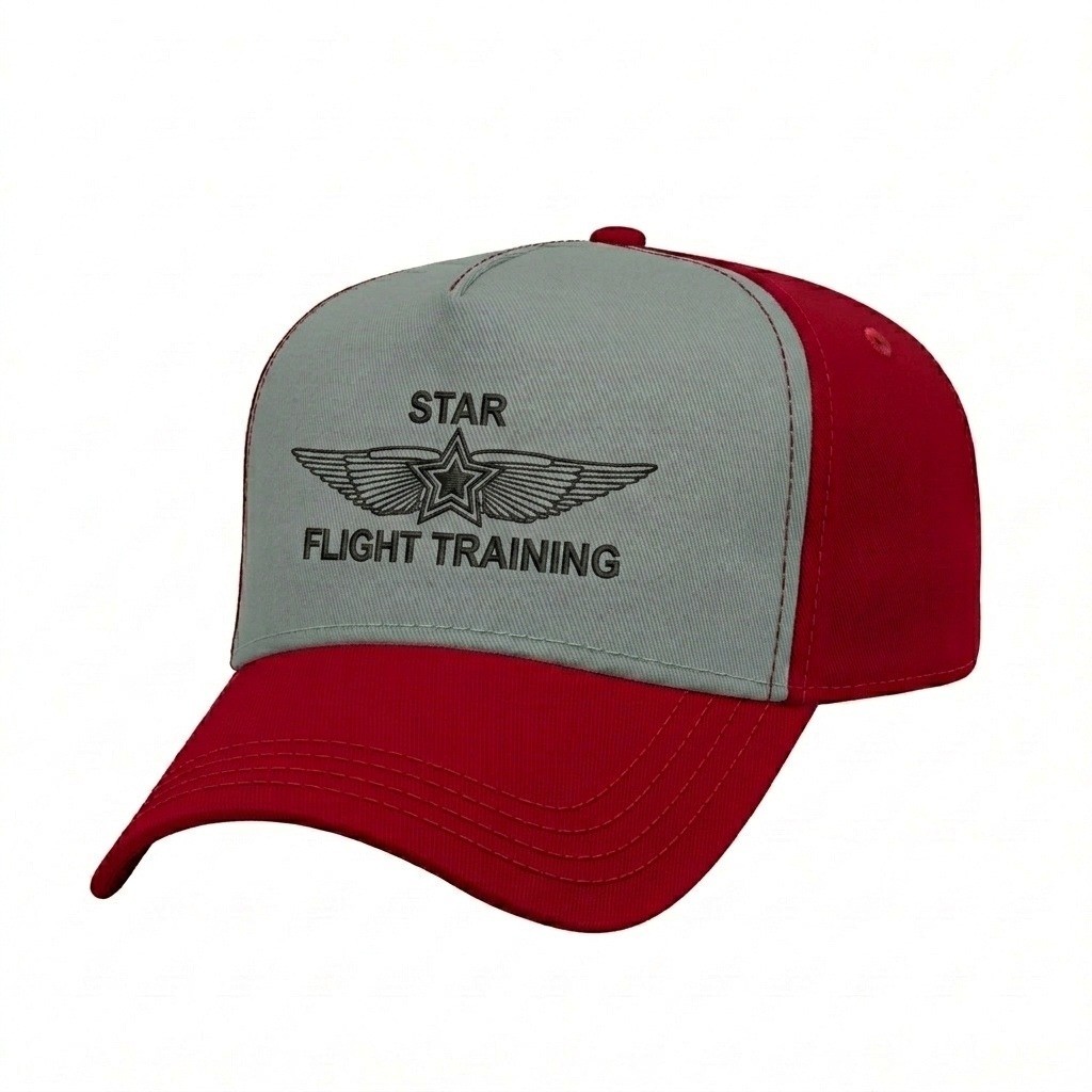 USA-made 5L Light Gray-Red Domestic Twill baseball cap, decorated view, manufactured in Newark NJ