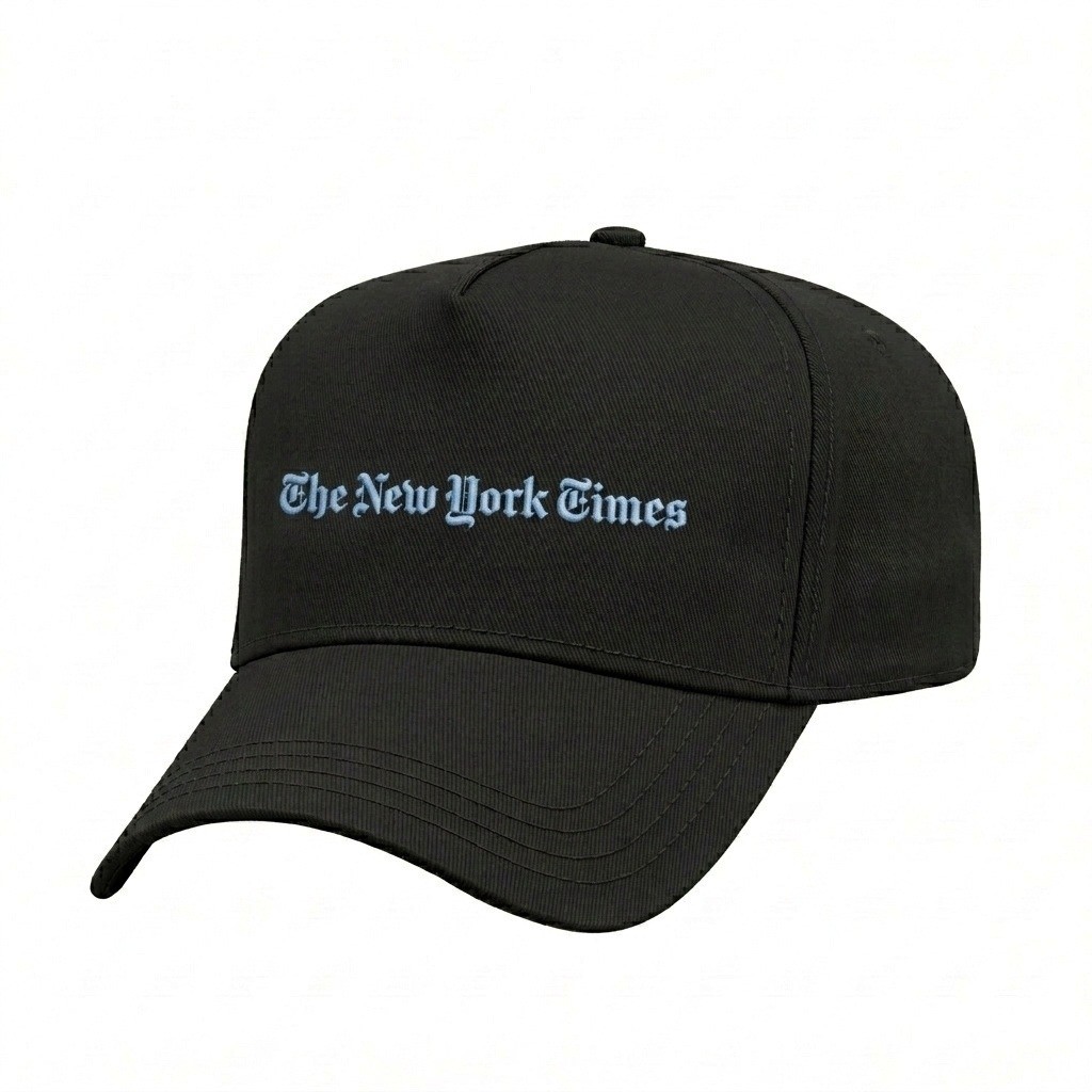 USA-made 5L Black Domestic Twill baseball cap, decorated view, manufactured in Newark NJ