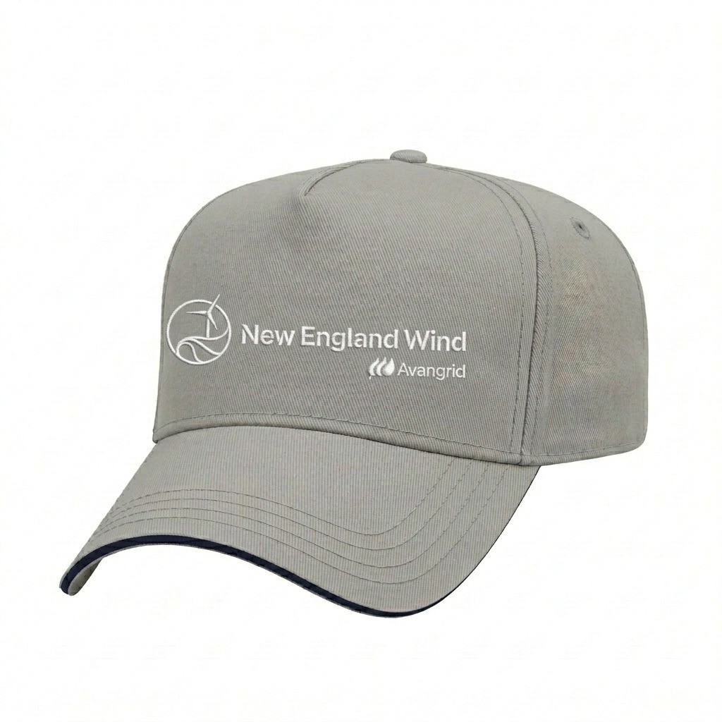 USA-made 5L Light Gray-Navy Domestic Twill baseball cap, decorated view, manufactured in Newark NJ