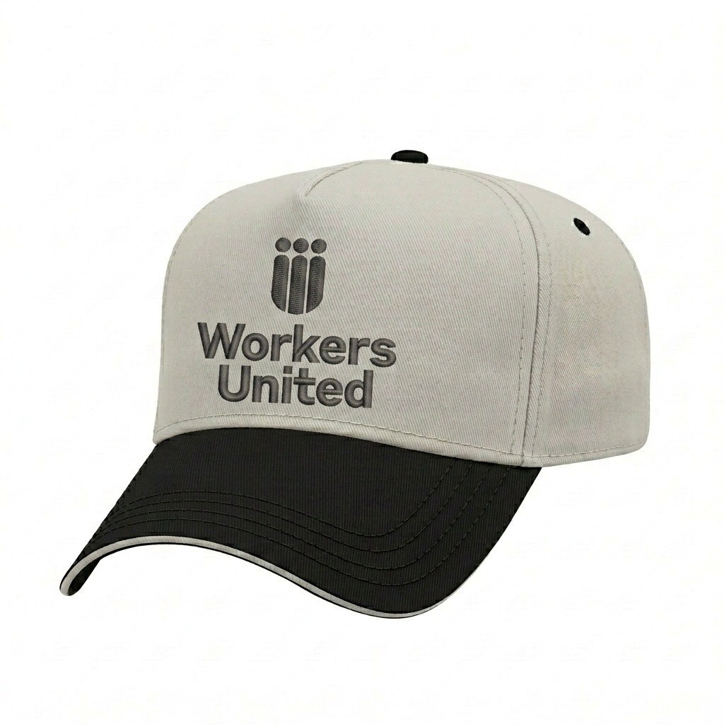 USA-made 5L Putty-Black Domestic Twill baseball cap, decorated view, manufactured in Newark NJ