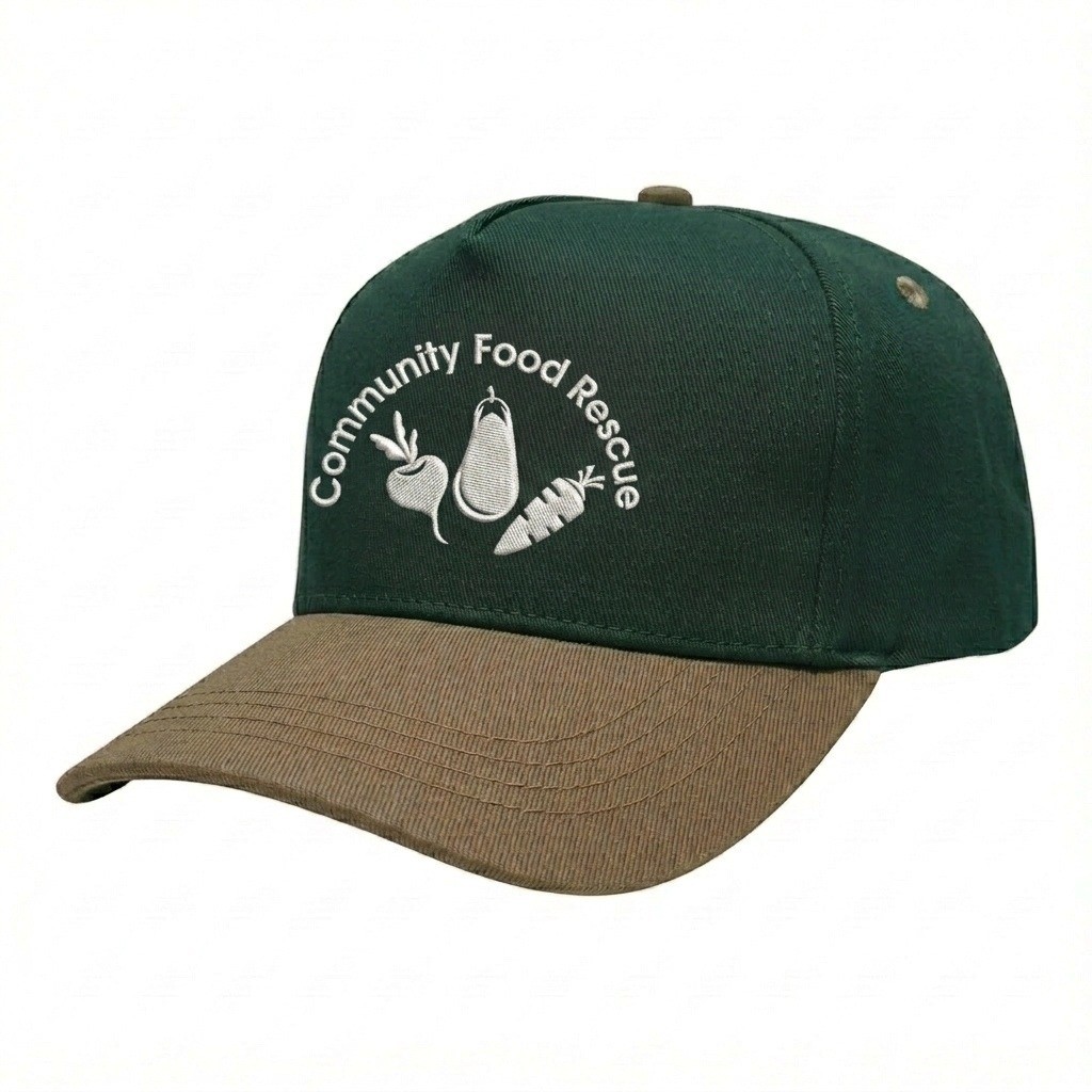 USA-made 5S Hunter Green-Khaki Domestic Twill baseball cap, decorated view, manufactured in Newark NJ
