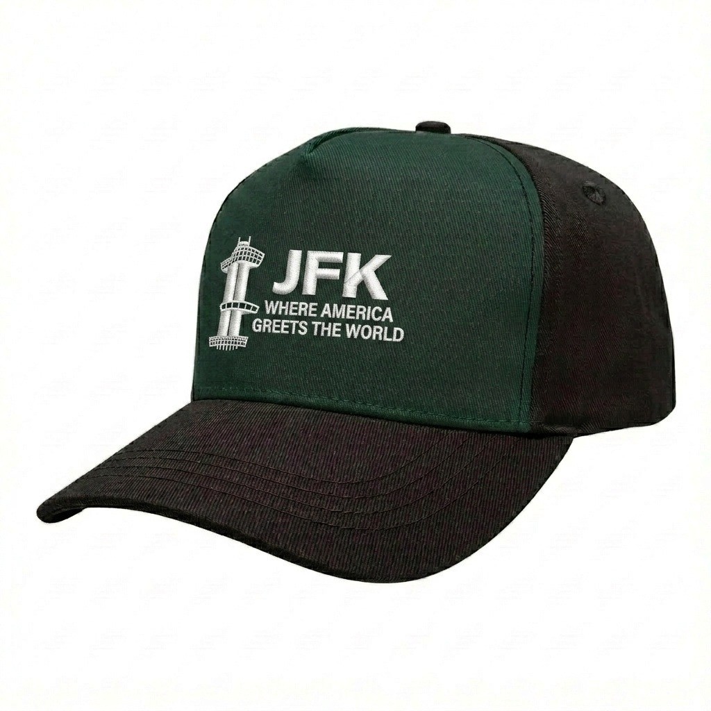 USA-made 5S Hunter Green-Black Domestic Twill baseball cap, decorated view, manufactured in Newark NJ
